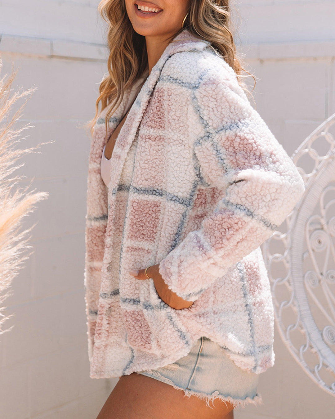 Maya - Pink Fleece Plaid Jacket